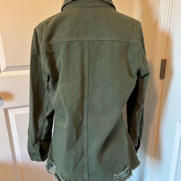 Army green denim, distressed, button-down jacket with collar - Picture 4 of 4